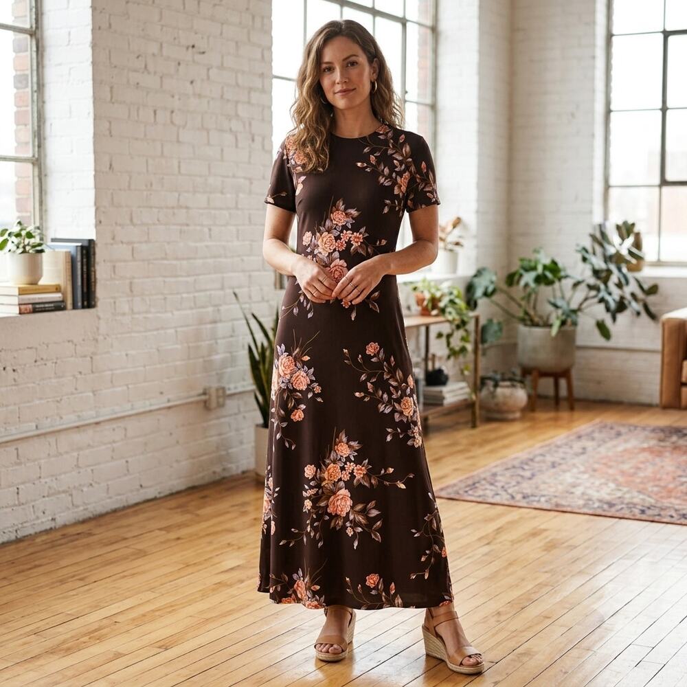 VTG Emma James Maxi DressWomens Size 12 Brown Floral Prairie 90s Cottagecore Y2K